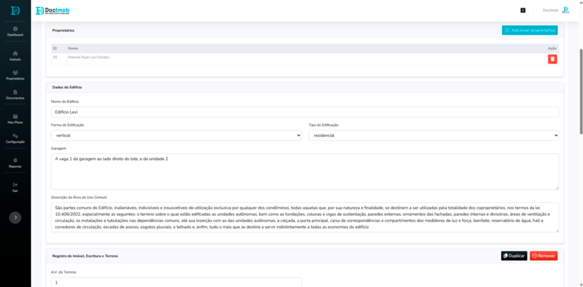 Tela de cadastro do imóvel e proprietários no DocImob